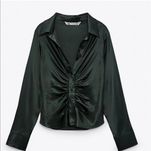 Zara Ruched Satin Button Up Shirt